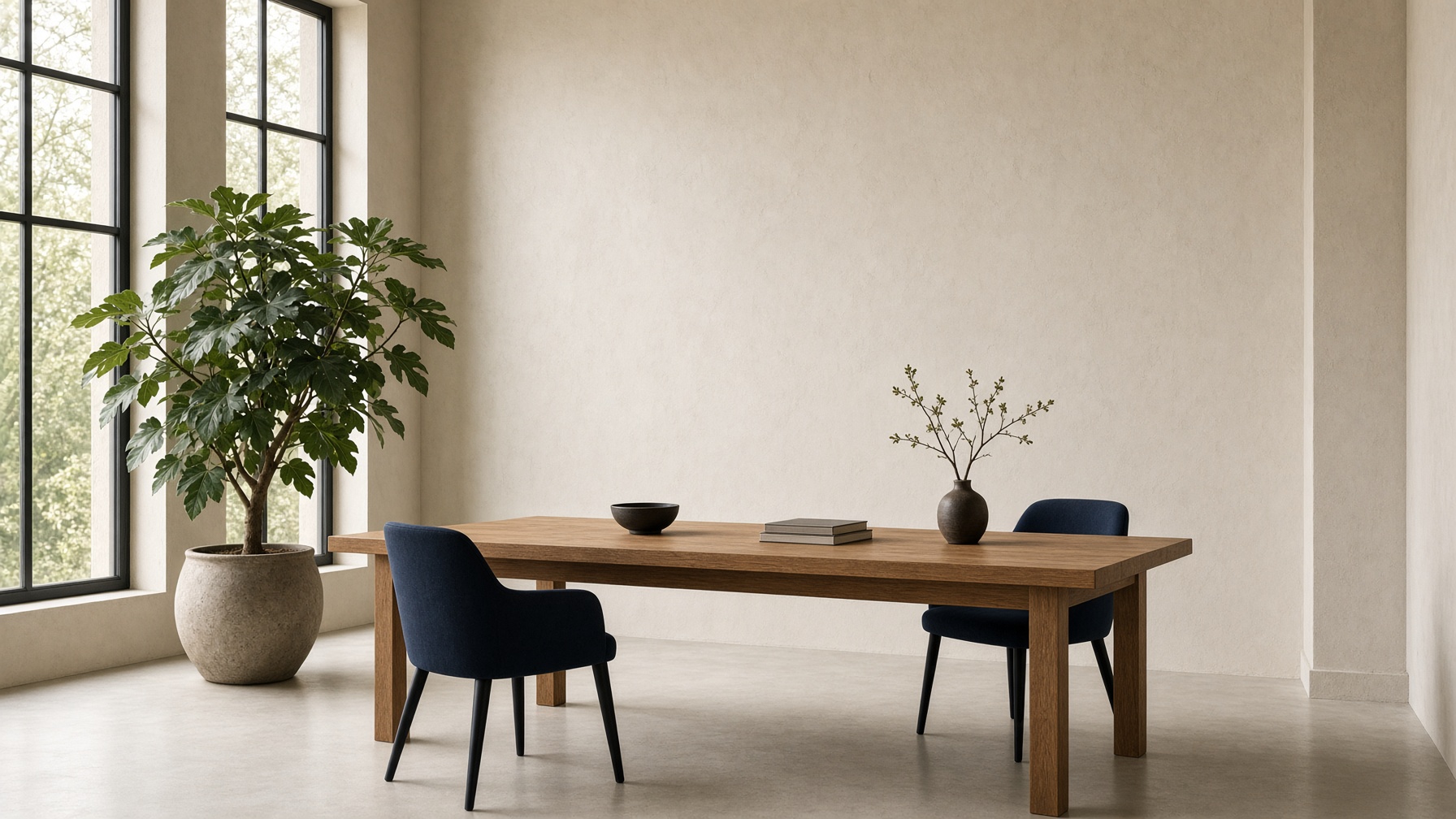 A calm studio office with navy chairs and tall windows