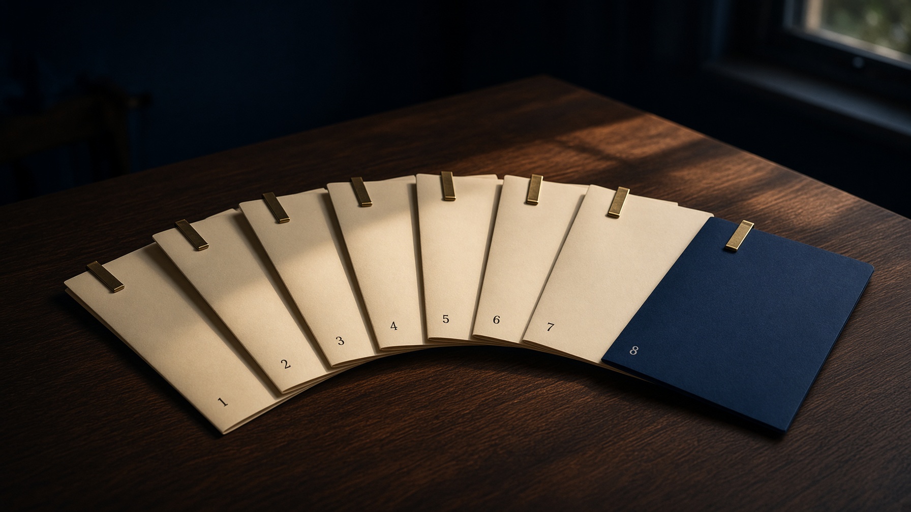 Eight folders fanned on a walnut table