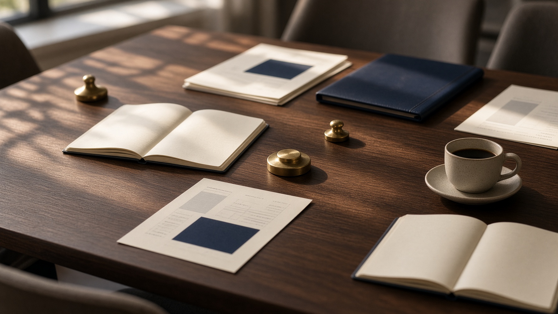 A sunlit boardroom table with reports and a navy folder