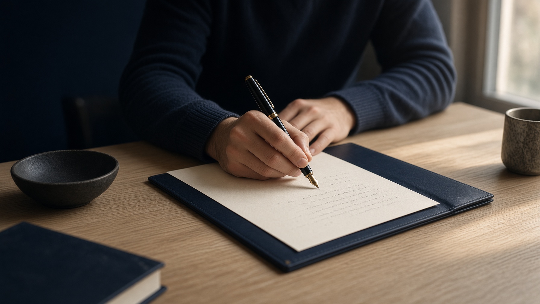Hands writing field notes at a pale oak desk
