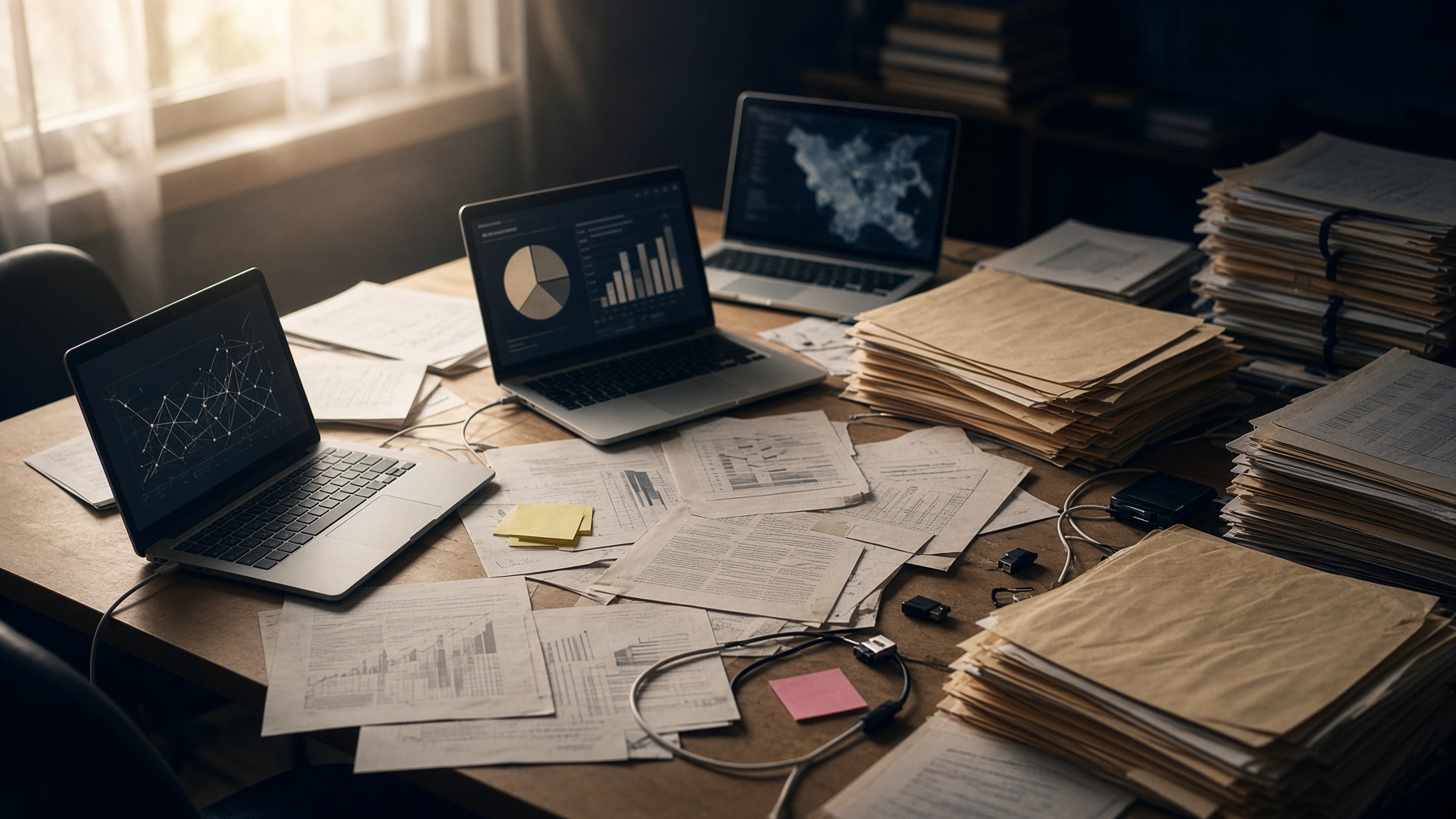 Fragmented files and screens on an operator desk